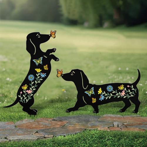 Dachshund Gifts for Women,2 Pack Metal Dog Outdoor Yard Decor Garden Stakes - color: Black-dachshund