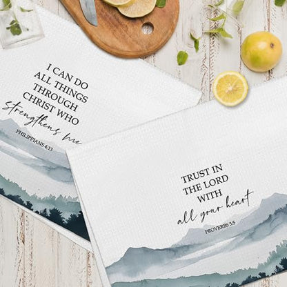 Boho Christian Bible Inspirational Kitchen Towels 16x24 Set of 2, Mountain Woodland Dish Towels Cloths Dishcloths Tea Towel Gifts, Philippians Proverbs Bathroom Kitchen Hand Towel Decor - color: Mountain