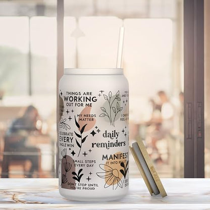 Daily Affirmation Iced Coffee Cup [Frosted], 16 oz Glass Cups with Bamboo Lids and Straws |Mason Jar Drinking & Glass Tumbler with Straw and Lid | Boba Cup, Beer Can for Mental Health - color: Clear