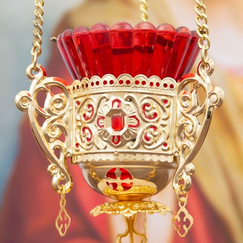 Orthodox Christian Hanging Oil Lamp, Orthodox Vigil Oil Lamps with Red Glass Cup, for Religious Ceremonies and Daily Use (Red) - color: Red
