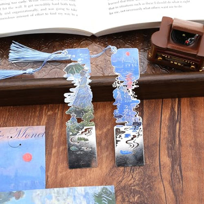 2 Metal Bookmarks with Tassel, Oil Painting Woman with a Parasol and Impression Sunrise - style: 《Woman with a Parasol》 and 《Impression Sunrise》