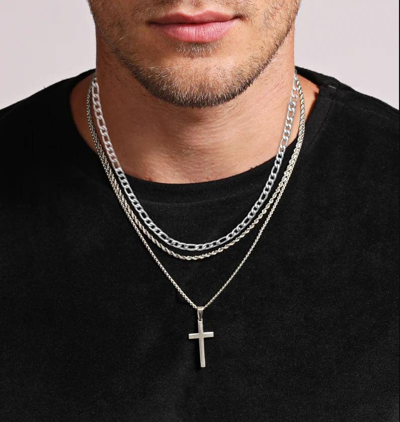 3Pcs Set Cross Necklace for Men, Mens Cross Necklace Cross Chain Layered Stainless Steel Rope Figaro Chains for Women Boys Gold Silver Black (20inch/22inch) - color: Silver