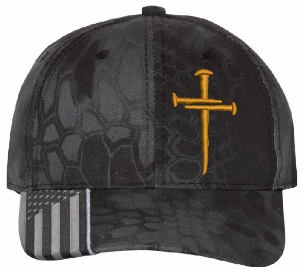 Christian Cross Baseball Cap, Sacred Nails Design, Typhoon CAMO HAT with Gold Embroidered Cross Jesus Hat with Adjustable Strap and Free Decal.