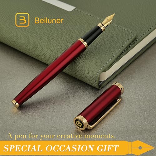 BEILUNER Red Fountain Pen,Stunning Luxury Pens with 24K Gold Finish, Gorgeous 24K Gilded Nib(Medium), Fancy Pen Gift for Men&Women -Ink Converter-Elegant,Professional,Office,Nice Pen for Writing - color: Red&Gold, style: Medium Nib