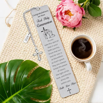 First Communion Bookmark Gifts, Christian Holy Communion Gifts 2026 for Girl Boys Teens, Catholic Religious Baptism Confirmation Present for Godchild Women Men, Easter Basket Stuffers - style: First Holy Communion