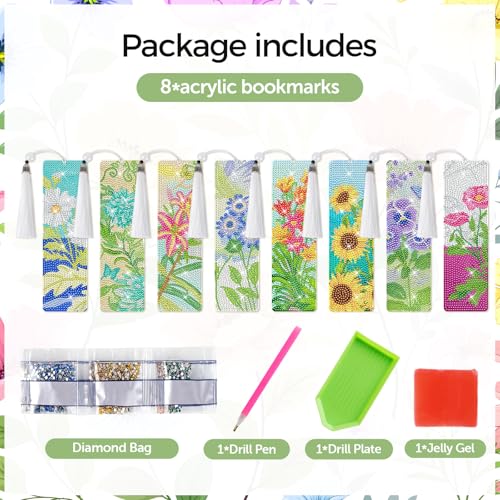 8 Pieces Christian Bible Verse Diamond Art Bookmarks 5d Christian Beaded Bookmark Acrylic Tassel Bookmark for DIY Making Beginners Adults Arts Craft Supplies (Floral-1) - color: Floral-1