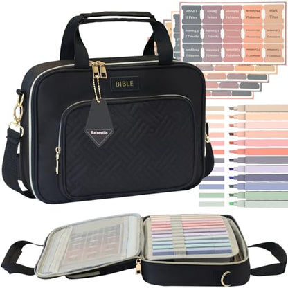 Bible Cover for Women Bible Case, Large Bible Bag, Bible Study Supplies Bible Journaling Kit Book Carrying Case with Bible Highlighters Tabs, Valentines Day Christian Gifts for Women (Black) - color: Black
