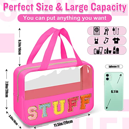 Chenille Letter Clear Makeup Bags Stuff Tote, Preppy Patch Makeup Bag Zipper with Handle, Waterproof PVC & Nylon Portable Glitter Large Cosmetic Travel Toiletry Storage for Women Girls(STUFF-Rose) - color: STUFF-Rose