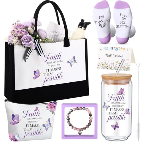 Pickmesh 7 Pack Christian Gift for Women, Religious Church Gift for Graduates, Faith Tote Bag, Makeup Bag, 16 oz Coffee Glass, Socks, Greeting Card & Natural Stone Bracelet with Box - style: Religion