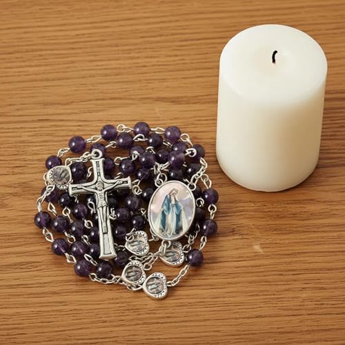 Nazareth Store Natural Stone Beads with Miraculous Epoxy Heart Metal Beads Rosary Necklace Gemstone Christian Gifts - color: Amesthyst