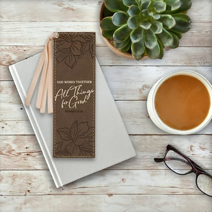 Christian Art Gifts Faux Leather Scripture Bookmark: All Things for Good - color: Brown Floral/All Things