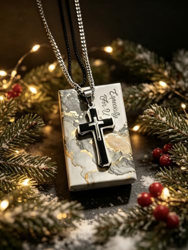 Men's Layered Cross Pendant Necklace, 2.1x1.2 inch Religious Charm, 21.6" 5mm Stainless Steel Cuban Chain, 18K Gold & Black Plated, Bonus 23.6" Square Pearl Chain, Marble Gift Box for Dad - color: Silver & Black