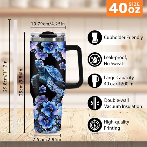 40oz Dark Mystical Sea Turtle Tumbler with Straw, Goth Blue Floral Ocean Gifts for Women Girls, Black Aesthetic Stainless Steel Insulated Travel Coffee Mug with for Teens Sister Cool Bestie Birthday - color: Sea Turtle-D-174