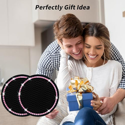 Senose Car Coasters, Bling Car Accessories for Women, Black Pink, 2 Pack