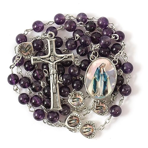 Nazareth Store Natural Stone Beads with Miraculous Epoxy Heart Metal Beads Rosary Necklace Gemstone Christian Gifts - color: Amesthyst
