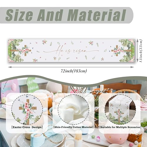 Easter Table Runner 13 x 72 Inch, Rustic Wood Cross with Spring Floral Design, He is Risen Religious Table Decor, Modern Farmhouse Kitchen Dining Runner for Easter Sunday & Family Party - style: Rustic Floral Cross