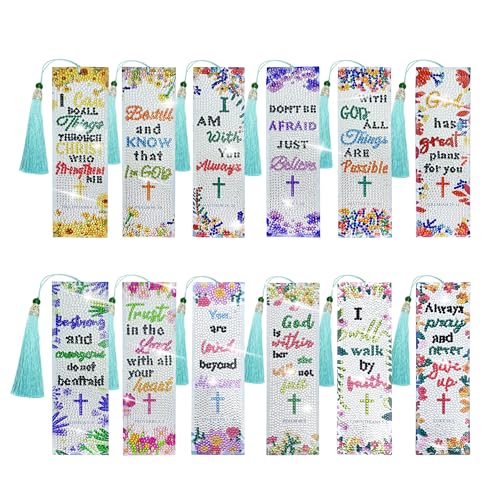 12Pcs Christian Bible Verse Diamond Art Bookmark for Adults Flower Cross 5d Diamond Painting Bookmarks with Tassel for DIY Making Kit for Reading Lover Book Lover DIY Crafts Religious Gift - style: Bible 12 Pcs