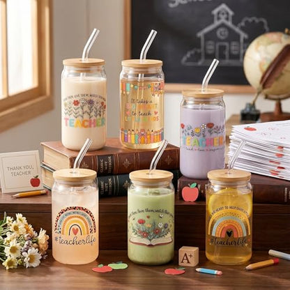 Glass Cups with Lids and Straws, 6Pack, 16oz, Floral Teacher - style: Floral Teacher Appreciation