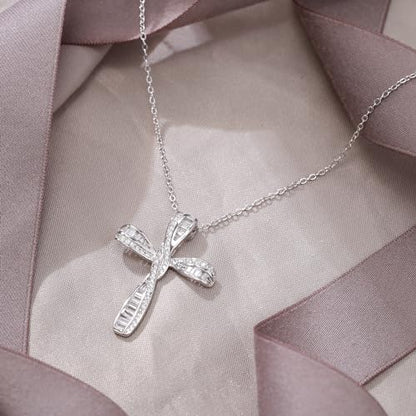 EVER FAITH S925 Silver Princess Cut CZ Infinity Twisted Cross Necklace - color: Clear