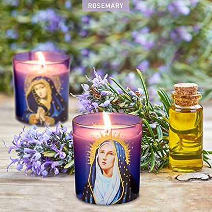 Jar Candles Rosemary Scented Soy Candle Set of 3 Blessed Virgin Mary Devotional Vigil Candles Long Lasting Burn for Catholic Church Home Altar Religious Prayer Spiritual Meditation - color: Religious Theme