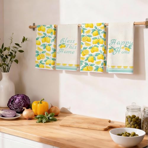 4Pcs Lemon Kitchen Towels,16x24in Microfiber Super Absorbent Dish Towels - color: Yellow Lemon