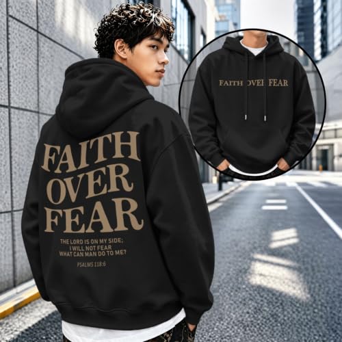 Fkatuzi Christian Faith Over Fear Hoodies For Teen Jesus Hoodie God Sweatshirt Bible Verse Religious Graphic Tops - color: Black, size: XX-Large