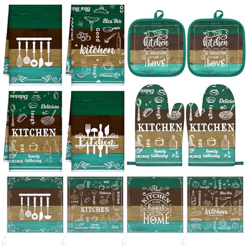 12 Pcs Farmhouse Kitchen Decor Sets 4 Teal Green Kitchen Towels 4 Teal Absorbent Dishcloths 2 Rustic Pot Holders 2 Oven Mitts Gloves for Home Decorations Mom Gifts - color: Teal Green, style: Classic