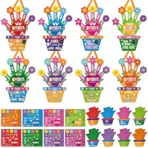 Frienda 48 Set Religious Bible Craft Kit for Kids Religious Flower Handprint Art Craft God Says You are Bible Prayer Sticker Ornament VBS Church Activity Gift for Sunday School Teacher Day - style: Handprint Religious Flower