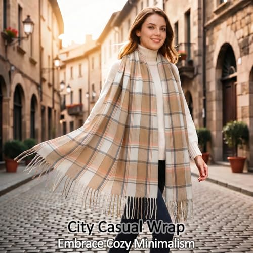 Loritta Winter Scarf for Women, Long Plaid Shawl Wraps Scarves Gifts - color: E-brown Beige Lattice