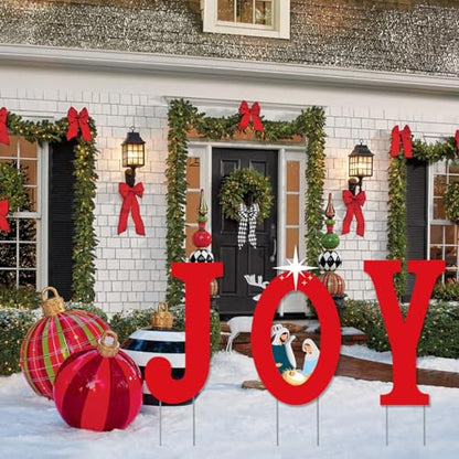 Festive Outdoor Christmas Decorations - Joyful Nativity Scene Lawn Decor for Christmas Pathway and Yard with Stakes, Red and White
