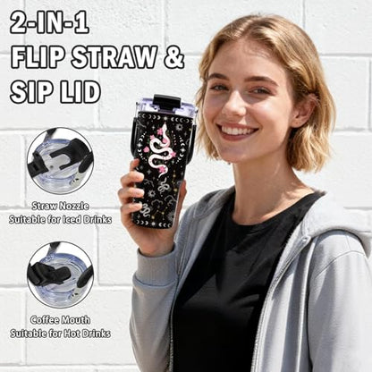 Black Gothic Pink Snake Tumbler with Top Handle and Flip Straw Lid 20oz Black Celestial Stainless Steel Insulated Travel Cups - Witchy Gifts for Women Christmas Birthday Goth Aesthetic Coffee Mugs - color: Snake01