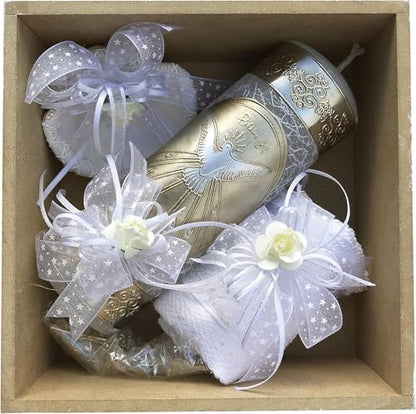 Grahmart Catholic Baptism Candle Set in a Wooden Box with Towel, Candle, Rosary and Shell for Baby Boys and Girls. Handmade Gift for Godparents.. Kit de Bautizo with a Surprise Small Gift (White)