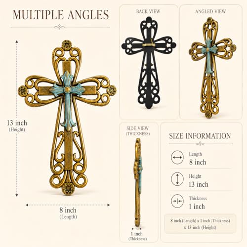 Comfy Hour Cross Wall Decor, 13 Inch, Rustic Bronze and Turquoise Stone Resin Hanging Christian Wall Art for Home, Living Room, Bedroom, Entryway, Religious Gift