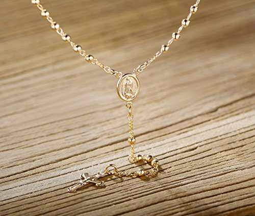 Barzel 18K Gold Plated Virgin Mary Rosary Bead Cross Necklace - Made In Brazil - size: 18 Inches
