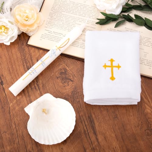 Baptism Candle Set for Boy Girls - Baptism Kit Include Baptismal Candles, Towel and Shell. Vela para Bautizo, Christening Set Velas para Bautizo De Niño Baptismal Kit Gifts (Gold) - color: Gold