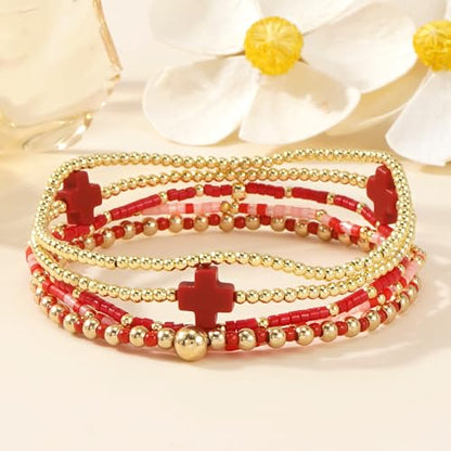 Gold Beaded Bracelets Stack for Women Stackable 14K Gold Plated Beads Ball Cross Bracelet Boho Christian Jewelry Faith Friendship Birthday Gifts for Women - color: Red