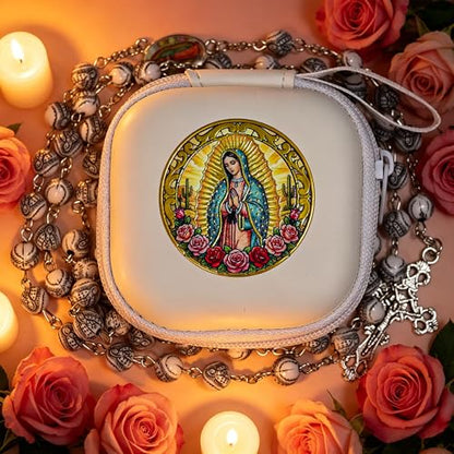 Handmade Rosary Beads for Women, Elegant Catholic Gifts for First Communion, Confirmation & Spiritual Prayer, Unique Beaded Rosary Necklace with Zippered Case - color: White - Our Lady of Guadalupe