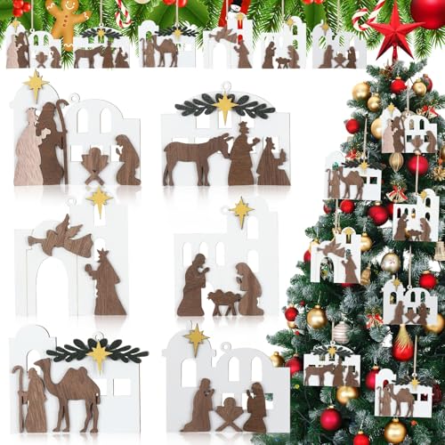 Shellwei 24 Pcs Christmas Wooden Nativity Ornaments Set Bulk Gift - style: Classic