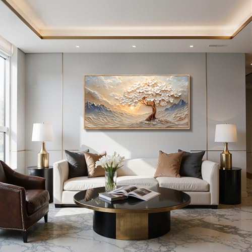 imjiayu White Blossom Tree Mountain Landscape Art, Serene Sunset Painting - color: Mountain Sun Tree, size: 48"L x 24"W