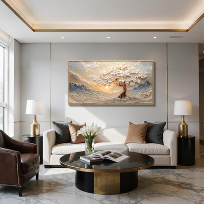 imjiayu White Blossom Tree Mountain Landscape Art, Serene Sunset Painting - color: Mountain Sun Tree, size: 48"L x 24"W