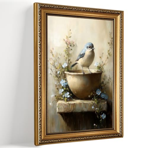 Vintage Gold Framed Wall Art Bluebird Wildflower Paintings Wall Decor Art - color: Bluebird, size: 24"L x 16"W