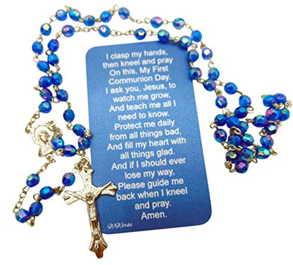 First Communion Rosary Blue Glass Beads Chalice Crucifix Protective Case