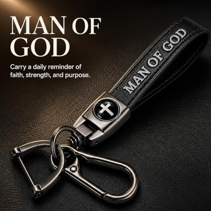 Christian Cross Leather Keychain for Men – Christian Gift for Dad Husband Son - color: Black – Man of God
