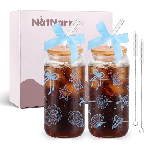 2 Pcs Beach Glass Cups with Lids and Straws Beach Themed Gifts for Women - style: Summer Ocean
