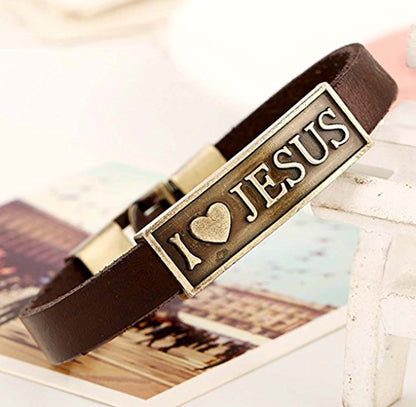 Men Punk Alloy Leather Bracelet Cross Bracelet Bangle Wristband - color: Jesus