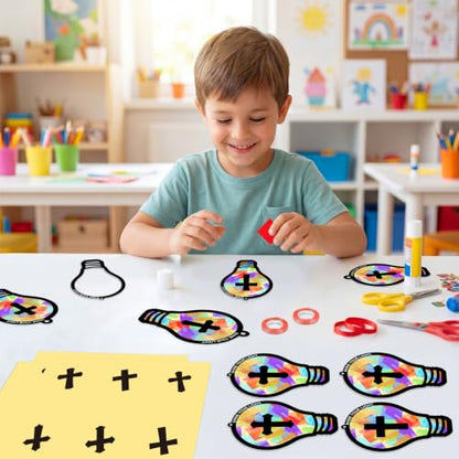 Renbuzhu 48PCS Sunday School VBS Crafts Bulk: Paper Lightbulb Cross Nativity Suncatchers, Jesus Religious Christian Activity DIY Kits Church Decorations, Window Stained Glass Effect Art Supplies - style: bulb cross