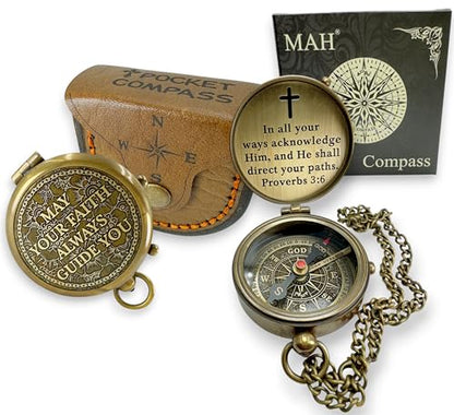 Handmade Religious Brass Compass Gift with Engraved & Embossed Faith Messages – Inspirational Christian Religious Gift Keepsake for Baptism, Confirmation, Christening, First Communion or Christmas - style: May Your Faith – Edition 1
