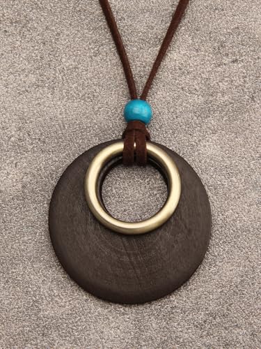 Leather Necklace for Women Long Boho Pendant Hippie Choker Necklace Bohemian Layered Leather Rope Wooden Jewelry Gifts - style: Leather Cord Wooden Pendant