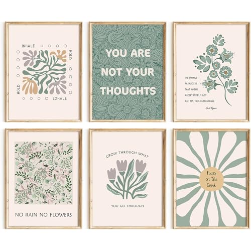 Mental Health Wall Art Therapy Office Canvas Wall Decor Green Motivational Posters Prints Boho Inspirational Quote Pictures Positive Psychology Artwork Painting for Classroom 12x16 Inch Unframed 6Pcs - color: Green Art, size: 12''x16'' Unframed