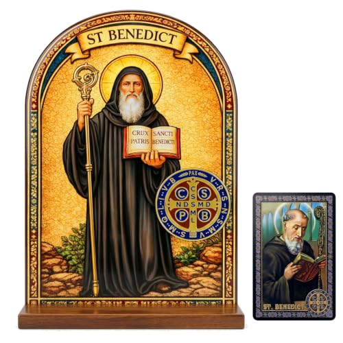 TALPGOD St Benedict Medals Stand Catholic Ornament Statue – Saint Benedict Statue Acrylic Tabletop Décor for Home Altar & Desk, Christian Gift for Women & Men - color: St Benedict